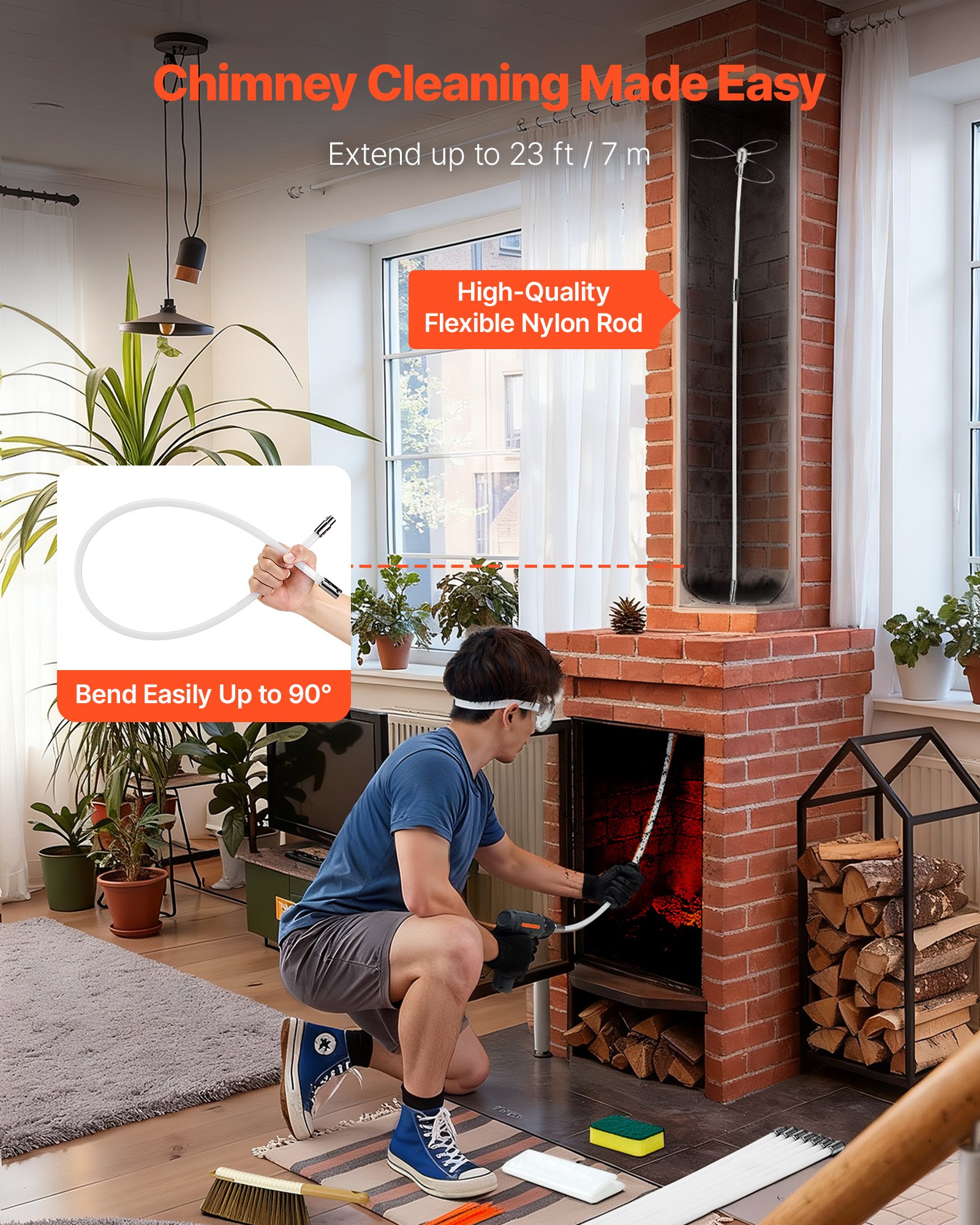 VEVOR Kit de Cepillo Limpieza de Chimenea, 2 Cabezales, 7 m Varilla Flexible de Nylon, Gafas, Bolsa, Deshollinador Durable Resistente Flexible a 90° para Chimeneas Cuadradas, Rectangulares y Arqueadas