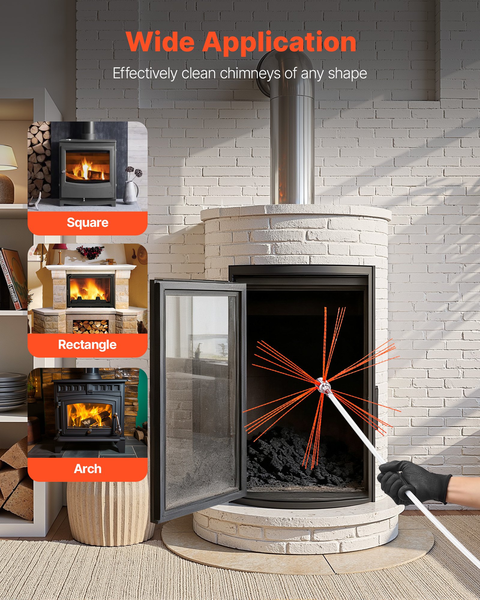 VEVOR Juego de Cepillos para Chimeneas, Todo en Uno, con Una Longitud Máxima de 9 m, Nailon, con Dos Cabezales, Deshollinador, Herramienta de Limpieza para Chimeneas Cuadradas y Rectangulares