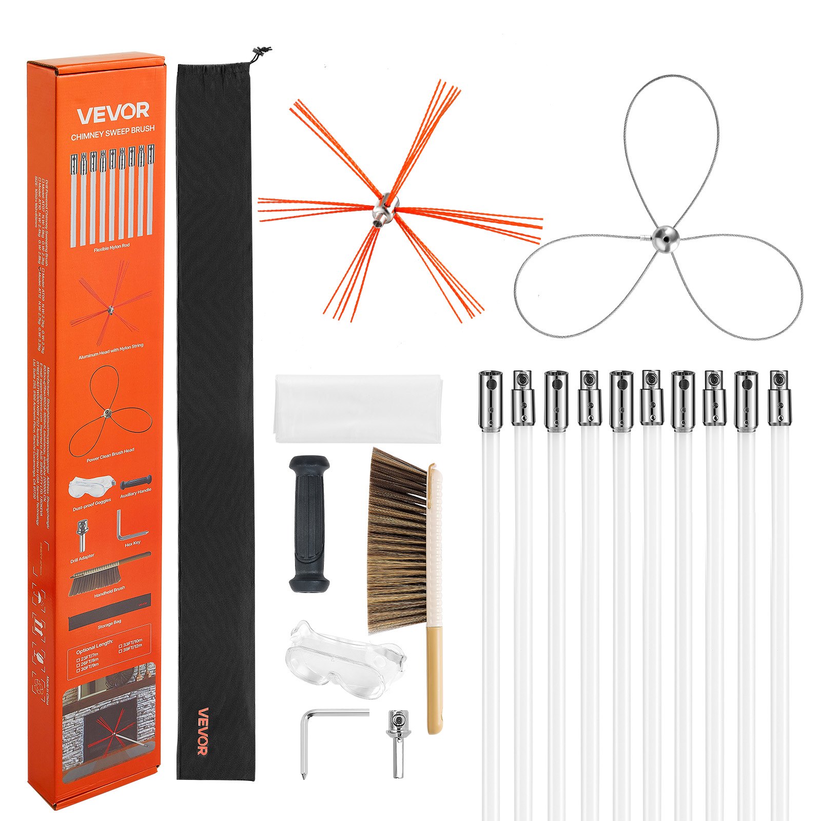 VEVOR Kit de Cepillo Limpieza de Chimenea, 2 Cabezales, 10 m Varilla Flexible de Nylon, Gafas, Bolsa, Deshollinador Durable Resistente Flexible a 90° para Chimeneas Cuadradas Rectangulares y Arqueadas