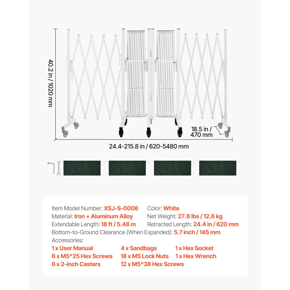 VEVOR Barricada Extensible de 5,48 m, Barrera de Seguridad Plegable con Rueda y Freno, Valla Metálica Portátil, 2 Verjas Giratorias, para Jardín Patio Construcción Control de Espacios, Color Blanco