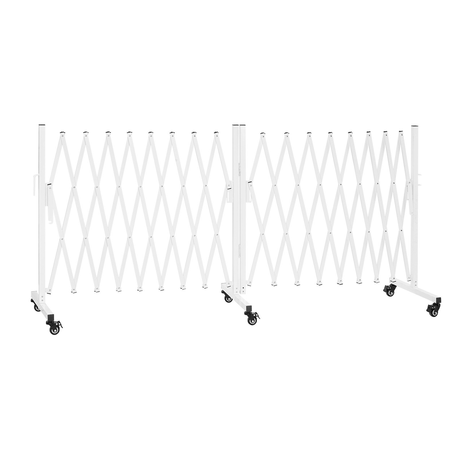 VEVOR Barricada Extensible de 5,48 m, Barrera de Seguridad Plegable con Rueda y Freno, Valla Metálica Portátil, 2 Verjas Giratorias, para Jardín Patio Construcción Control de Espacios, Color Blanco