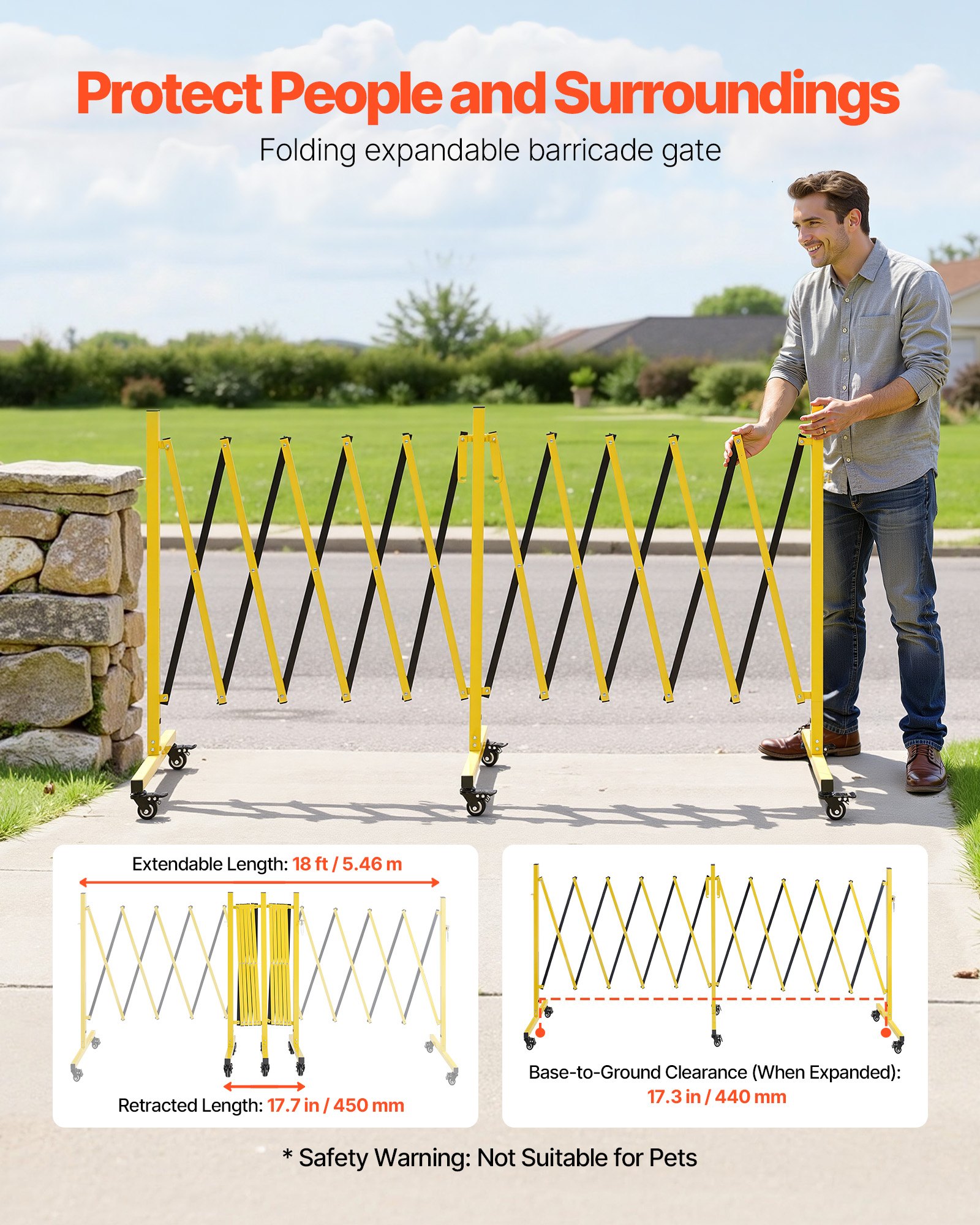 VEVOR Barricada Extensible de 5,46 m, Valla de Seguridad Plegable, Barrera Metálica Portátil con Rueda y Freno, Aleación de Aluminio, para Patio Construcción Control de Espacios, Color Negro Amarillo