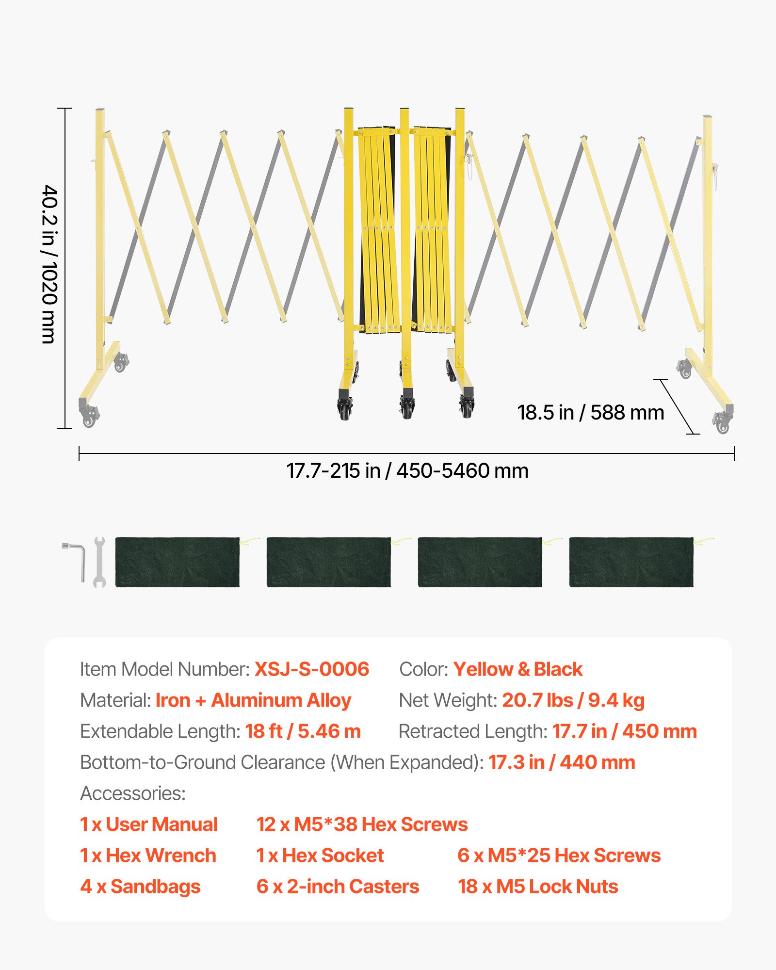 VEVOR Barricada Extensible de 5,46 m, Valla de Seguridad Plegable, Barrera Metálica Portátil con Rueda y Freno, Aleación de Aluminio, para Patio Construcción Control de Espacios, Color Negro Amarillo