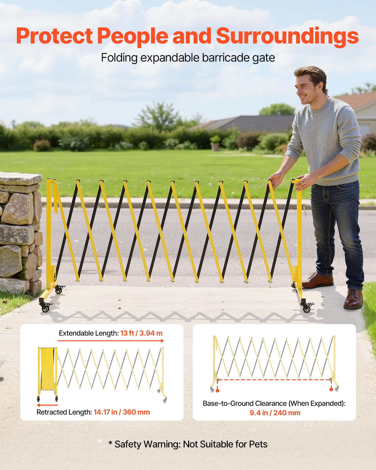 VEVOR Barricada Extensible de 3,94 m, Barrera de Seguridad Plegable con Rueda y Freno, Valla Metálica Portátil de Aleación de Aluminio, para Obra Construcción Control de Espacios, Color Negro Amarillo