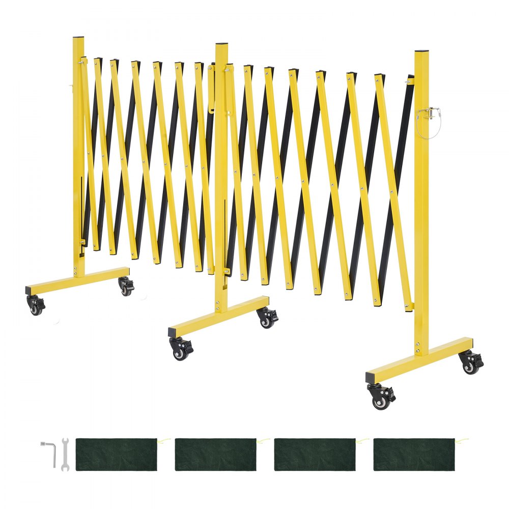VEVOR Barricada Extensible de 7,66 m, Barrera de Seguridad Plegable con Ruedas y Frenos, Valla Metálica Portátil, Aleación de Aluminio, para Obra Construcción Control de Espacios, Color Negro Amarillo