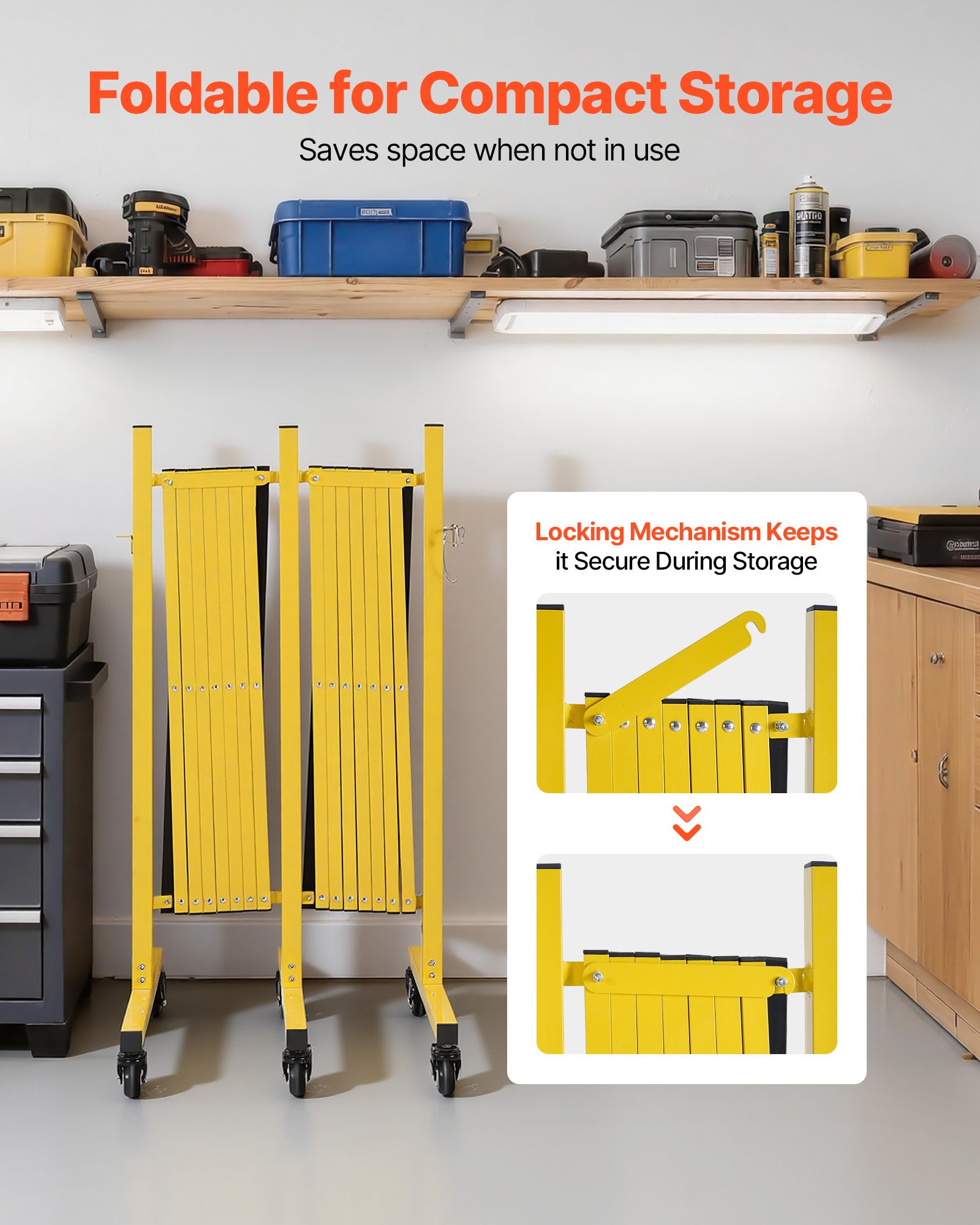 VEVOR Barricada Extensible de 7,66 m, Barrera de Seguridad Plegable con Ruedas y Frenos, Valla Metálica Portátil, Aleación de Aluminio, para Obra Construcción Control de Espacios, Color Negro Amarillo