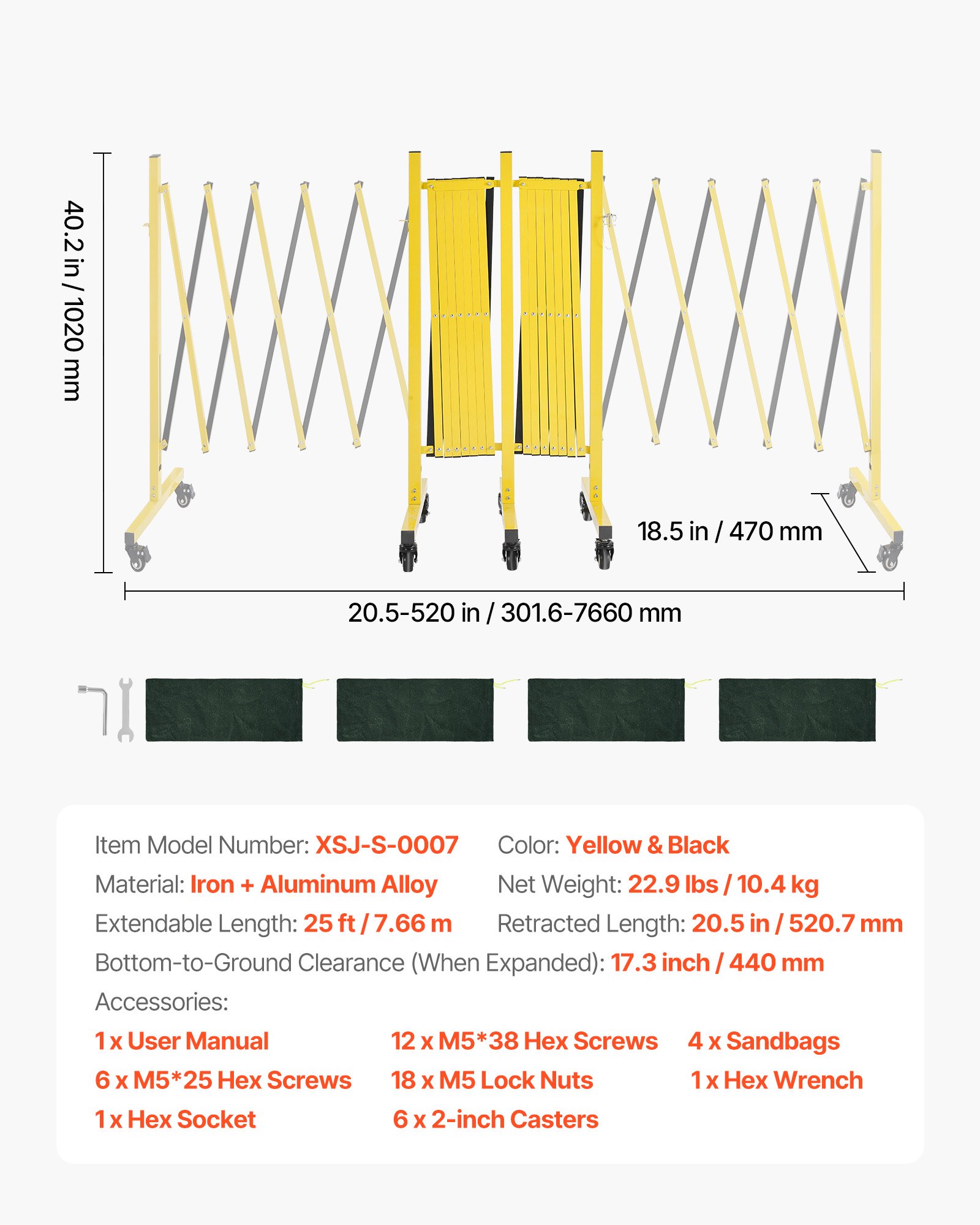 VEVOR Barricada Extensible de 7,66 m, Barrera de Seguridad Plegable con Ruedas y Frenos, Valla Metálica Portátil, Aleación de Aluminio, para Obra Construcción Control de Espacios, Color Negro Amarillo