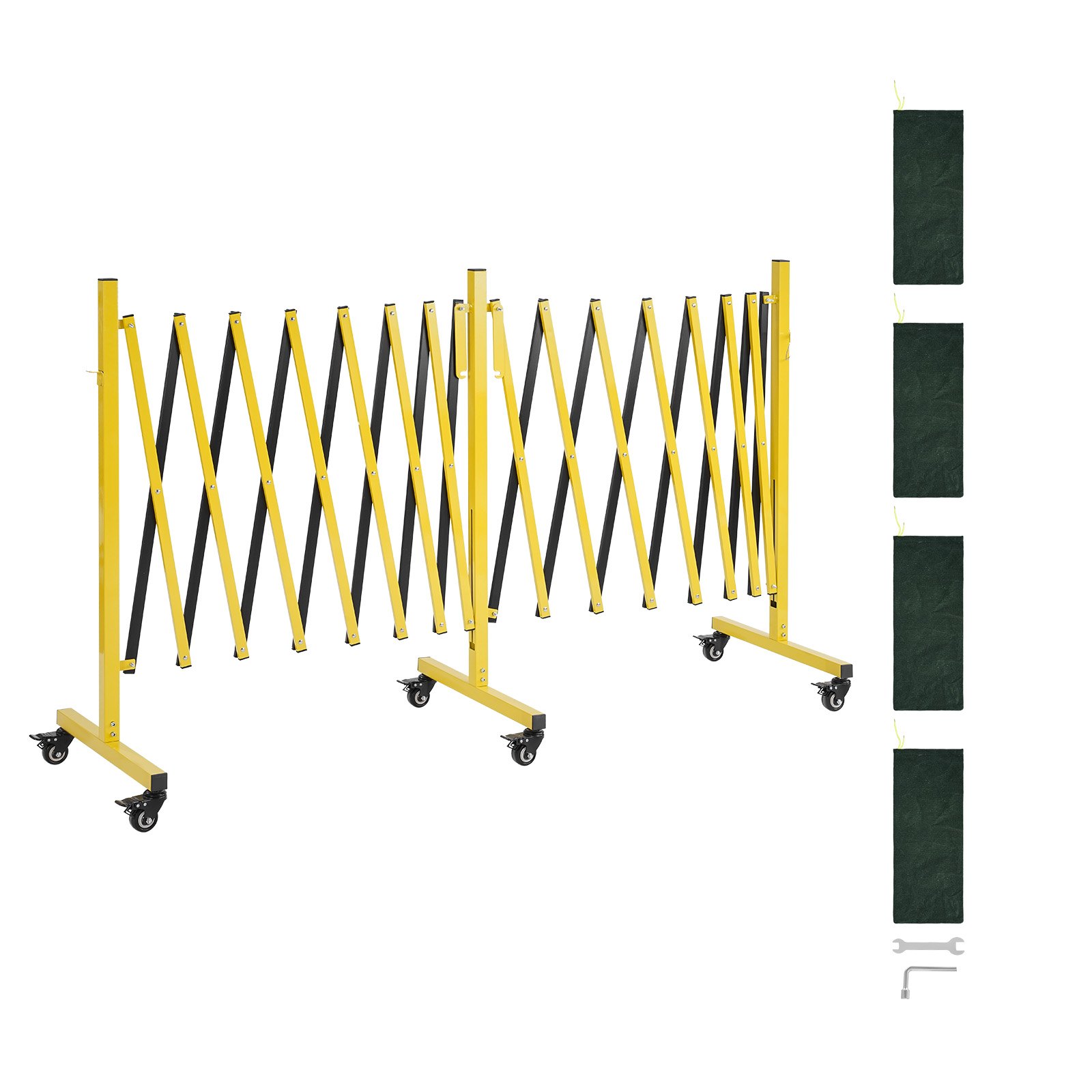 VEVOR Barricada Extensible de 7,66 m, Barrera de Seguridad Plegable con Ruedas y Frenos, Valla Metálica Portátil, Aleación de Aluminio, para Obra Construcción Control de Espacios, Color Negro Amarillo