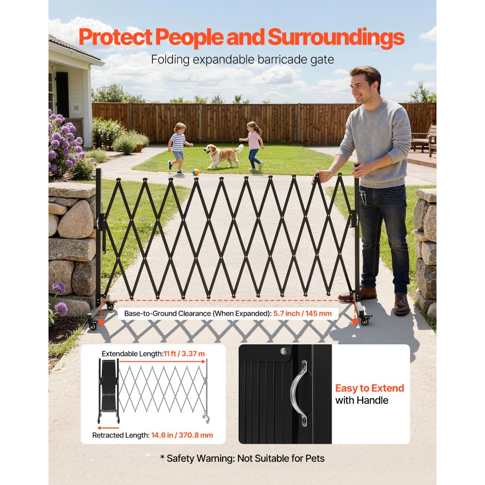 VEVOR Barricada Extensible de 3,37 m, Valla de Seguridad Plegable con Rueda y Freno, Barrera Metálica Portátil de Aleación de Aluminio, para Jardín Patio Construcción Control de Espacios, Color Negro