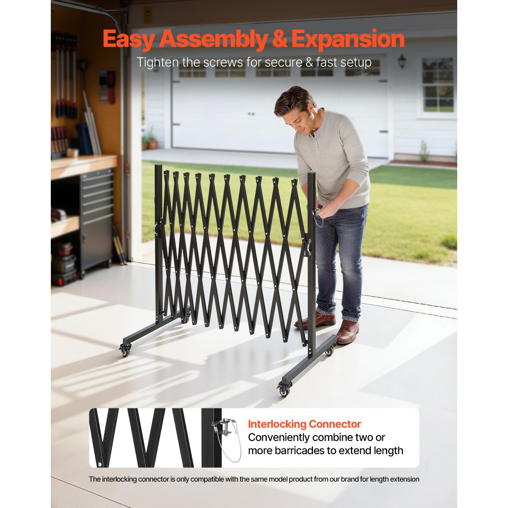 VEVOR Barricada Extensible de 3,37 m, Valla de Seguridad Plegable con Rueda y Freno, Barrera Metálica Portátil de Aleación de Aluminio, para Jardín Patio Construcción Control de Espacios, Color Negro