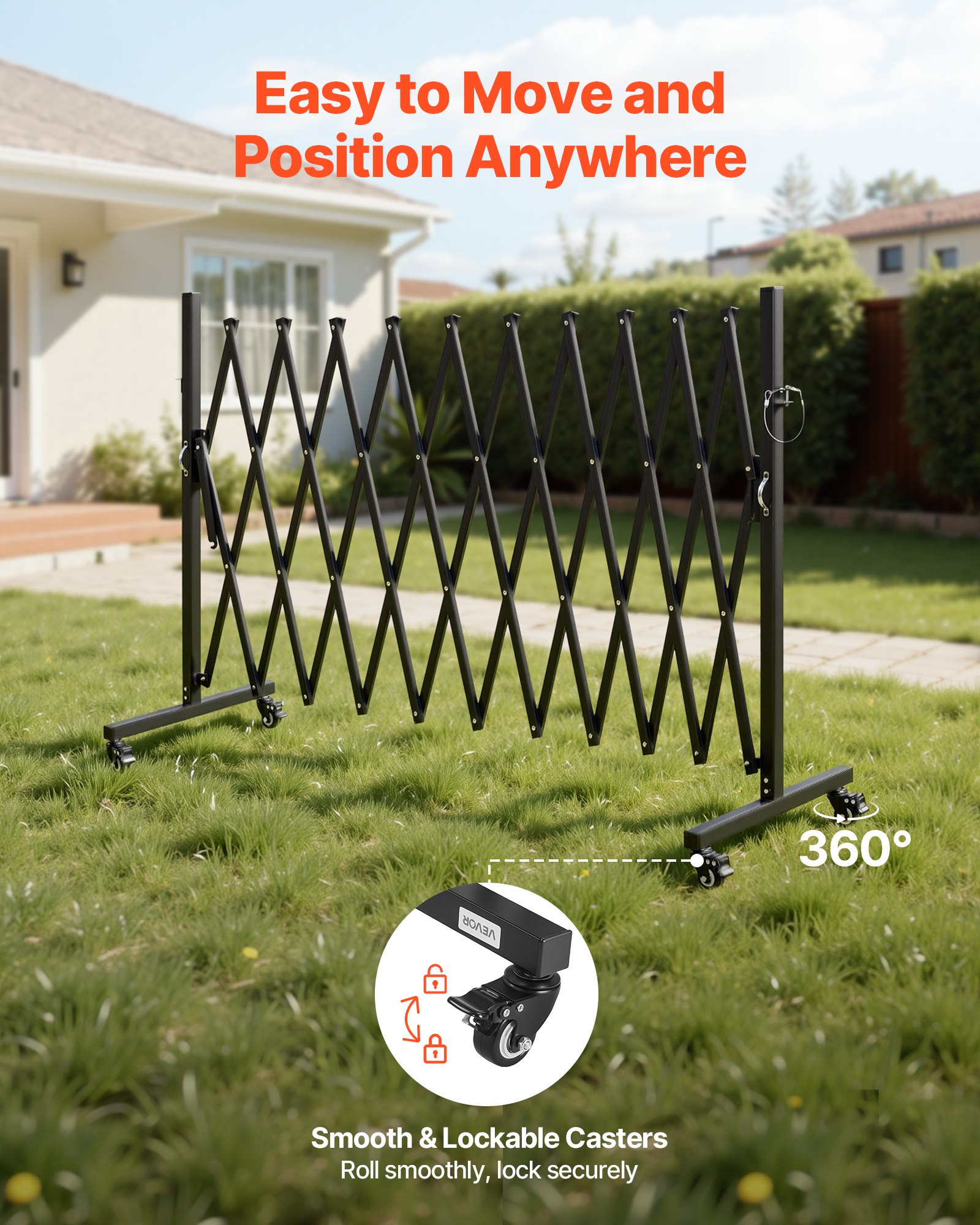 VEVOR Barricada Extensible de 3,37 m, Valla de Seguridad Plegable con Rueda y Freno, Barrera Metálica Portátil de Aleación de Aluminio, para Jardín Patio Construcción Control de Espacios, Color Negro