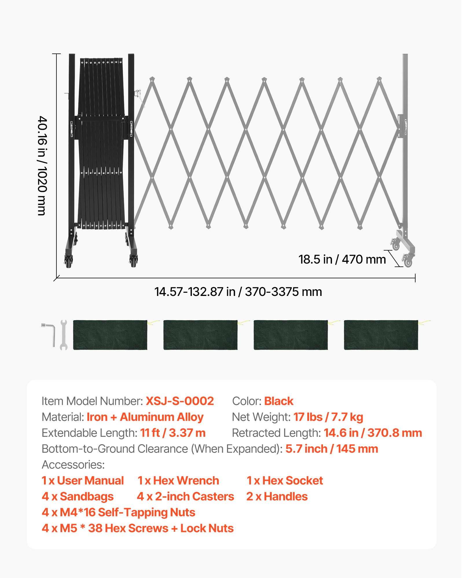 VEVOR Barricada Extensible de 3,37 m, Valla de Seguridad Plegable con Rueda y Freno, Barrera Metálica Portátil de Aleación de Aluminio, para Jardín Patio Construcción Control de Espacios, Color Negro