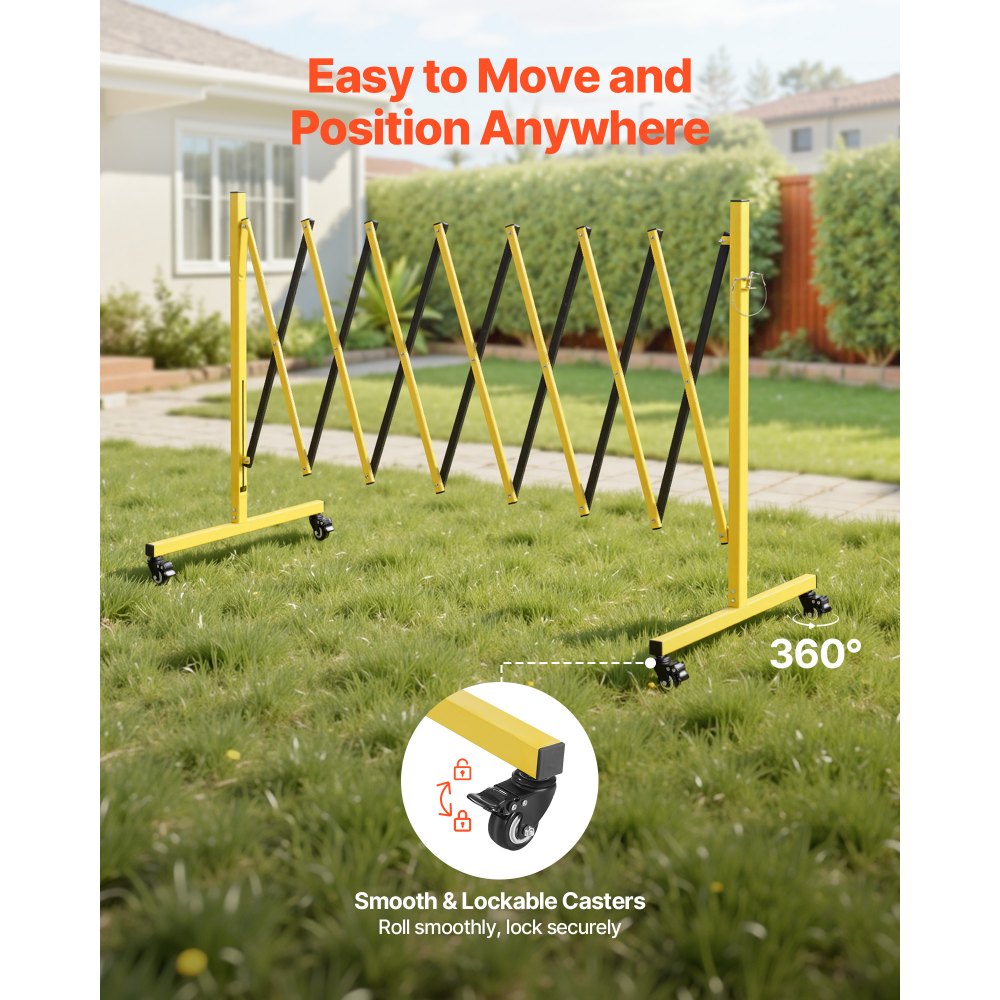 VEVOR Barricada Extensible de 3,82 m, Barrera de Seguridad Plegable con Ruedas y Frenos, Valla Metálica Portátil, Aluminio, para Uso Industrial Construcción Control de Espacios, Color Negro Amarillo