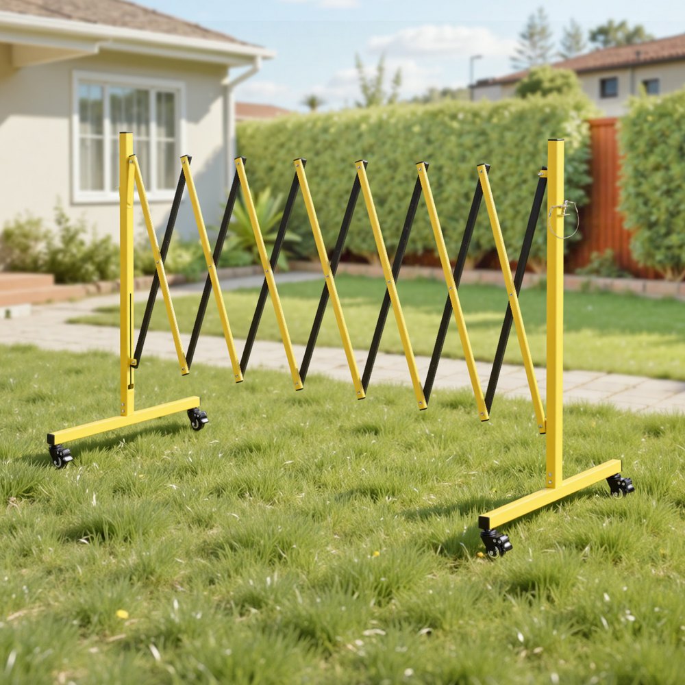 VEVOR Barricada Extensible de 3,82 m, Barrera de Seguridad Plegable con Ruedas y Frenos, Valla Metálica Portátil, Aluminio, para Uso Industrial Construcción Control de Espacios, Color Negro Amarillo