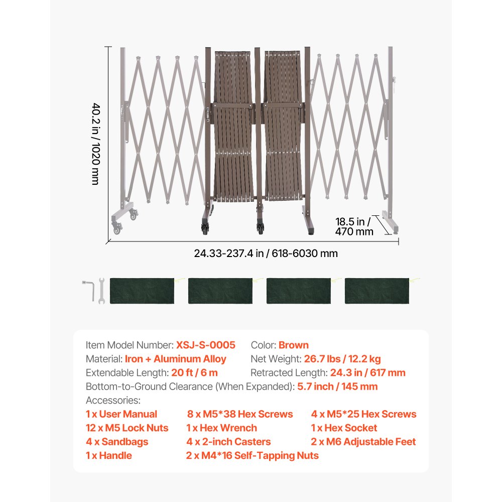 VEVOR Barricada Extensible de 6 m, Barrera de Seguridad Plegable, Valla Metálica Portátil, con Ruedas y Frenos, Aleación de Aluminio, para Jardín Patio Construcción Control de Espacios, Color Marrón