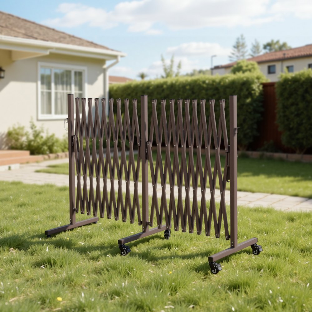 VEVOR Barricada Extensible de 6 m, Barrera de Seguridad Plegable, Valla Metálica Portátil, con Ruedas y Frenos, Aleación de Aluminio, para Jardín Patio Construcción Control de Espacios, Color Marrón