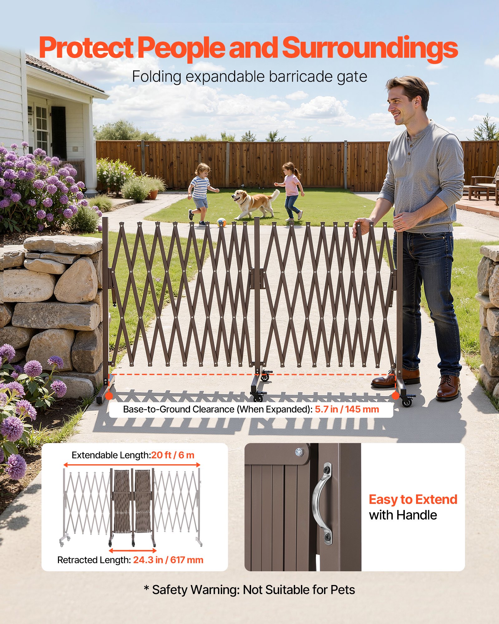 VEVOR Barricada Extensible de 6 m, Barrera de Seguridad Plegable, Valla Metálica Portátil, con Ruedas y Frenos, Aleación de Aluminio, para Jardín Patio Construcción Control de Espacios, Color Marrón