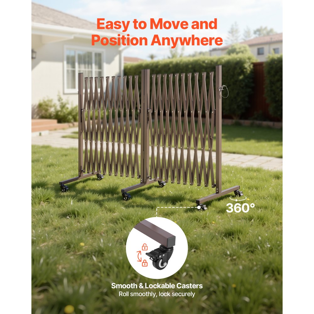 VEVOR Barricada Extensible de 8,18 m, Barrera de Seguridad Plegable, 2 Verjas Giratorias, con Ruedas y Frenos, de Aleación de Aluminio, para Jardín Patio Construcción Control de Espacios, Color Marrón