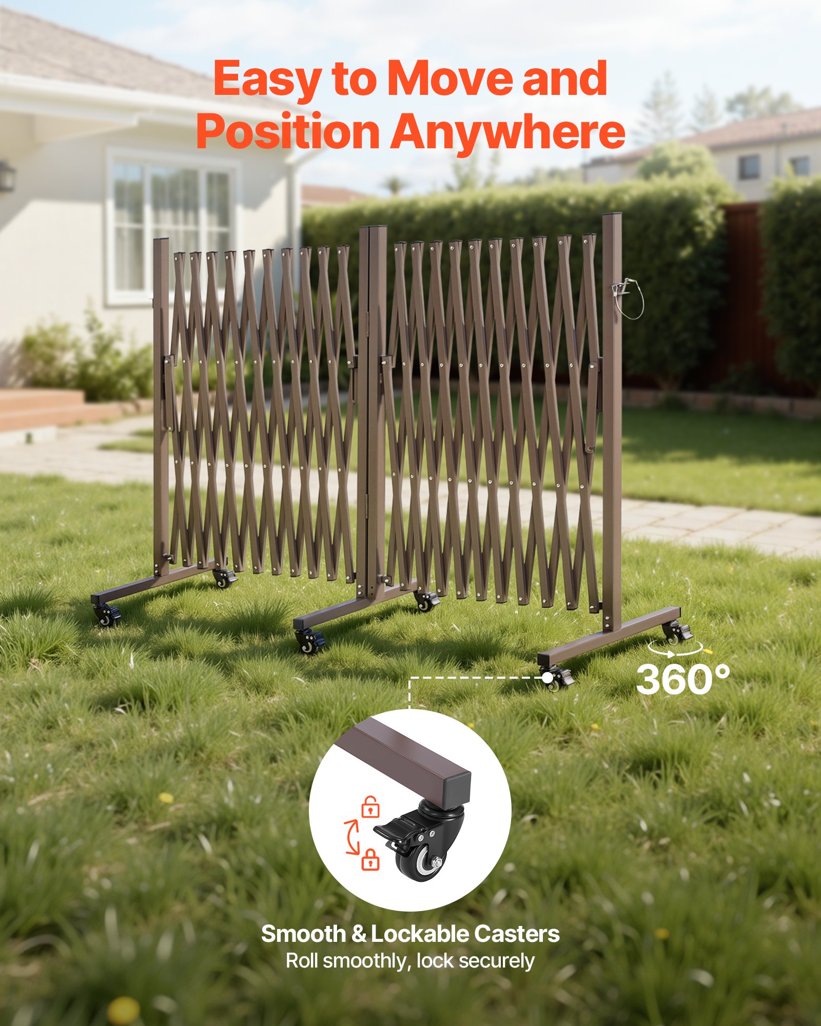 VEVOR Barricada Extensible de 8,18 m, Barrera de Seguridad Plegable, 2 Verjas Giratorias, con Ruedas y Frenos, de Aleación de Aluminio, para Jardín Patio Construcción Control de Espacios, Color Marrón