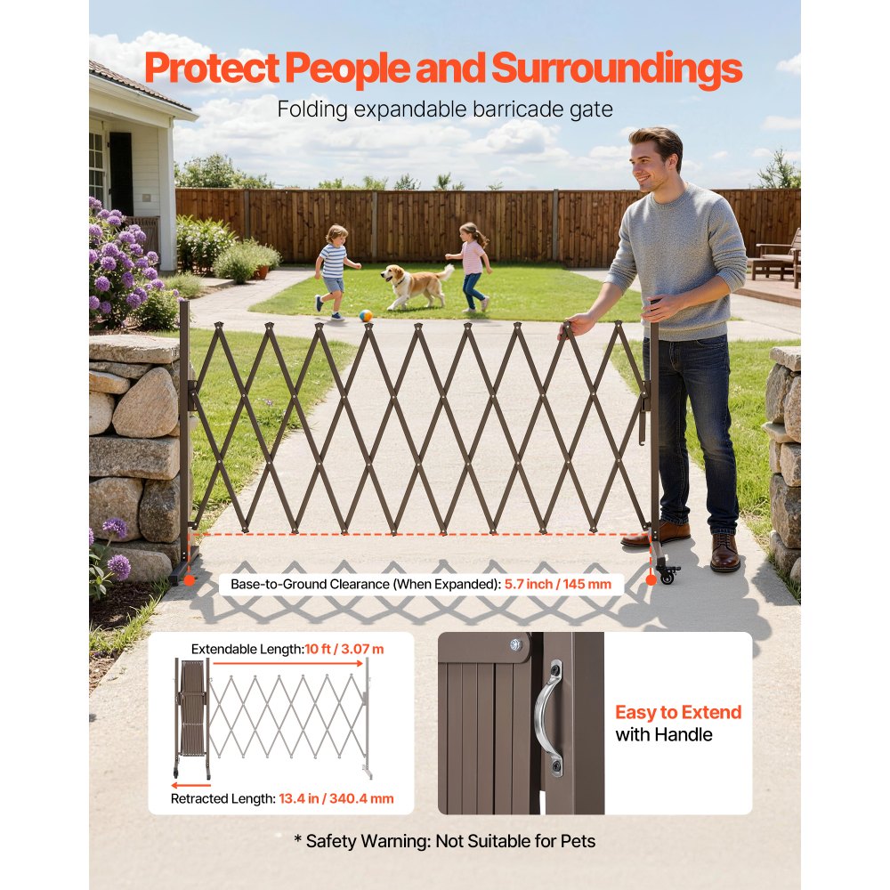 VEVOR Barricada Extensible de 3,07 m, Barrera de Seguridad Plegable, Valla Metálica Portátil con Rueda y Freno, Aleación de Aluminio, para Jardín Patio Construcción Control de Espacios, Color Marrón