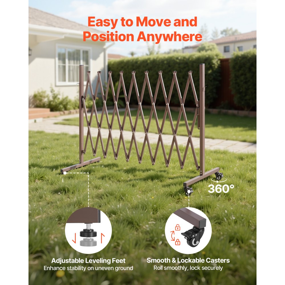 VEVOR Barricada Extensible de 3,07 m, Barrera de Seguridad Plegable, Valla Metálica Portátil con Rueda y Freno, Aleación de Aluminio, para Jardín Patio Construcción Control de Espacios, Color Marrón