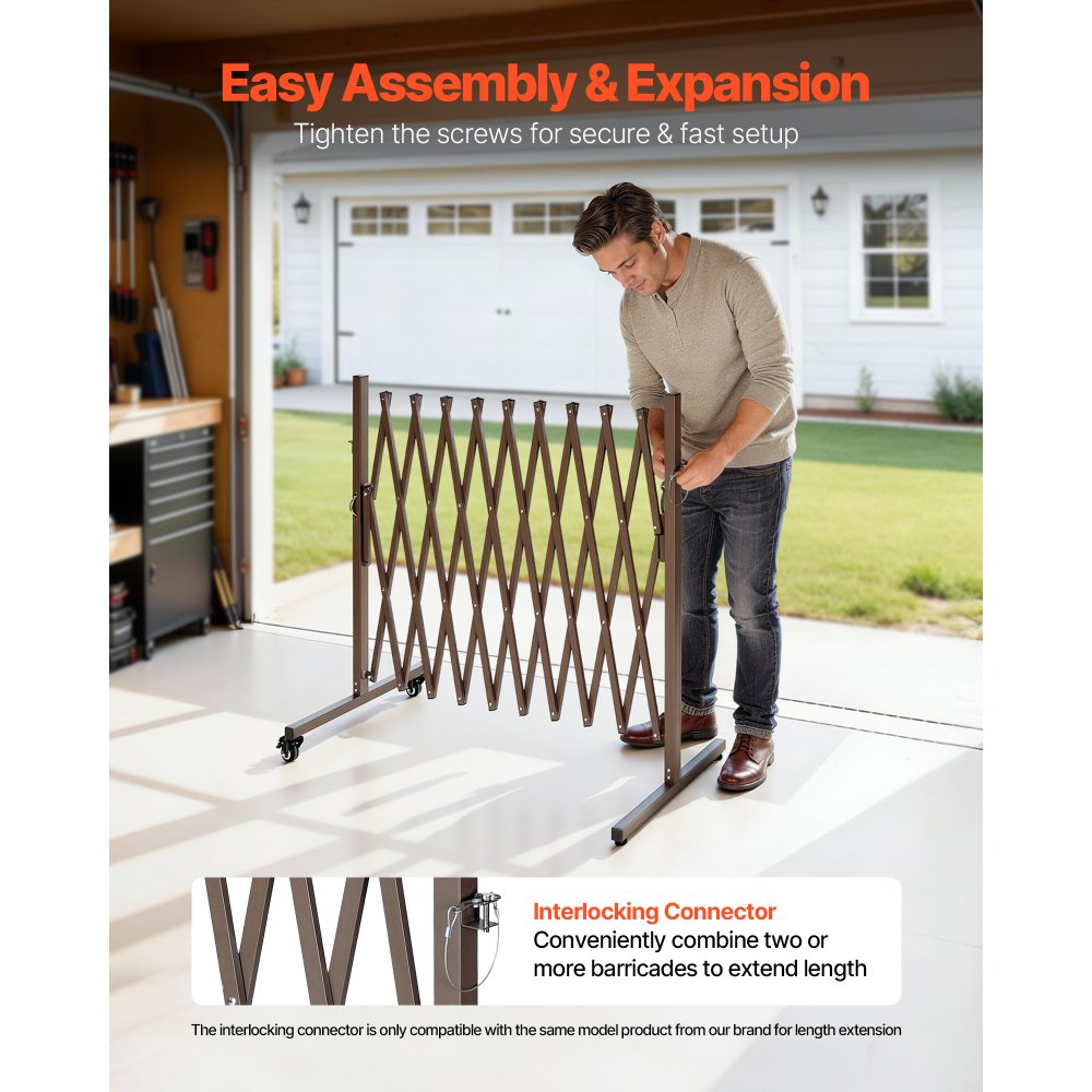 VEVOR Barricada Extensible de 3,07 m, Barrera de Seguridad Plegable, Valla Metálica Portátil con Rueda y Freno, Aleación de Aluminio, para Jardín Patio Construcción Control de Espacios, Color Marrón