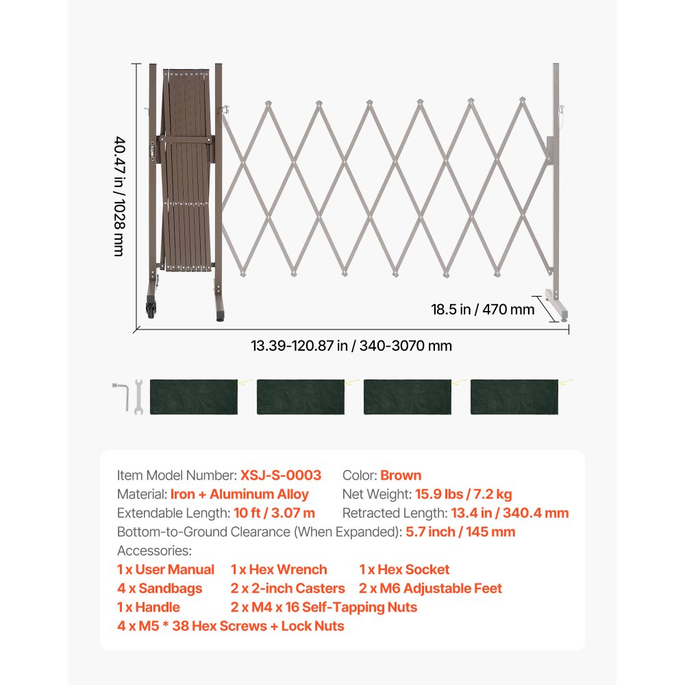 VEVOR Barricada Extensible de 3,07 m, Barrera de Seguridad Plegable, Valla Metálica Portátil con Rueda y Freno, Aleación de Aluminio, para Jardín Patio Construcción Control de Espacios, Color Marrón