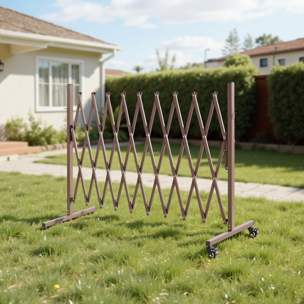 VEVOR Barricada Extensible de 3,07 m, Barrera de Seguridad Plegable, Valla Metálica Portátil con Rueda y Freno, Aleación de Aluminio, para Jardín Patio Construcción Control de Espacios, Color Marrón