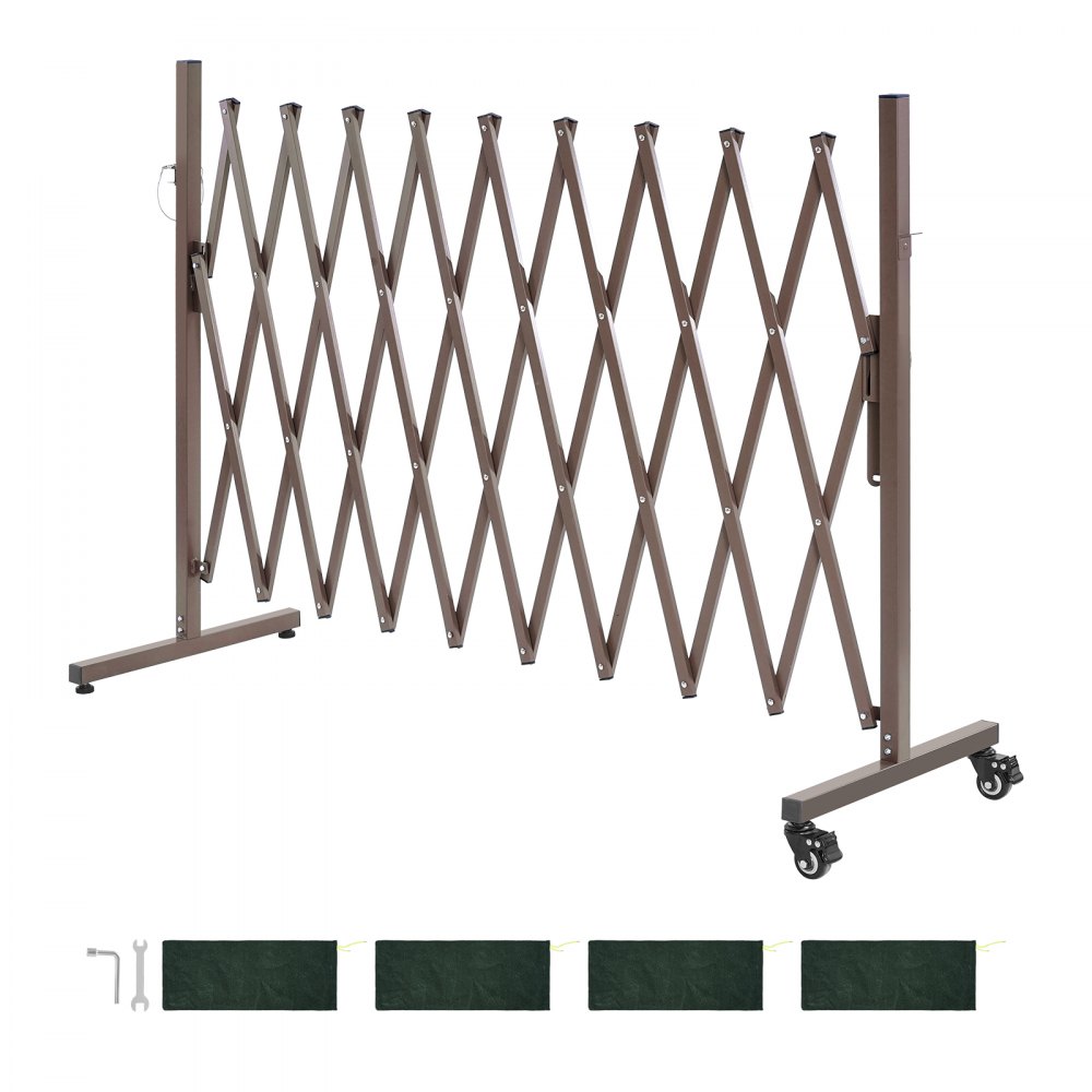 VEVOR Barricada Extensible de 3,07 m, Barrera de Seguridad Plegable, Valla Metálica Portátil con Rueda y Freno, Aleación de Aluminio, para Jardín Patio Construcción Control de Espacios, Color Marrón