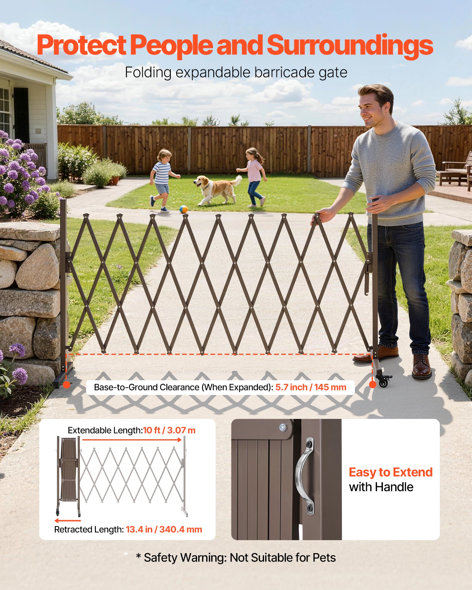 VEVOR Barricada Extensible de 3,07 m, Barrera de Seguridad Plegable, Valla Metálica Portátil con Rueda y Freno, Aleación de Aluminio, para Jardín Patio Construcción Control de Espacios, Color Marrón
