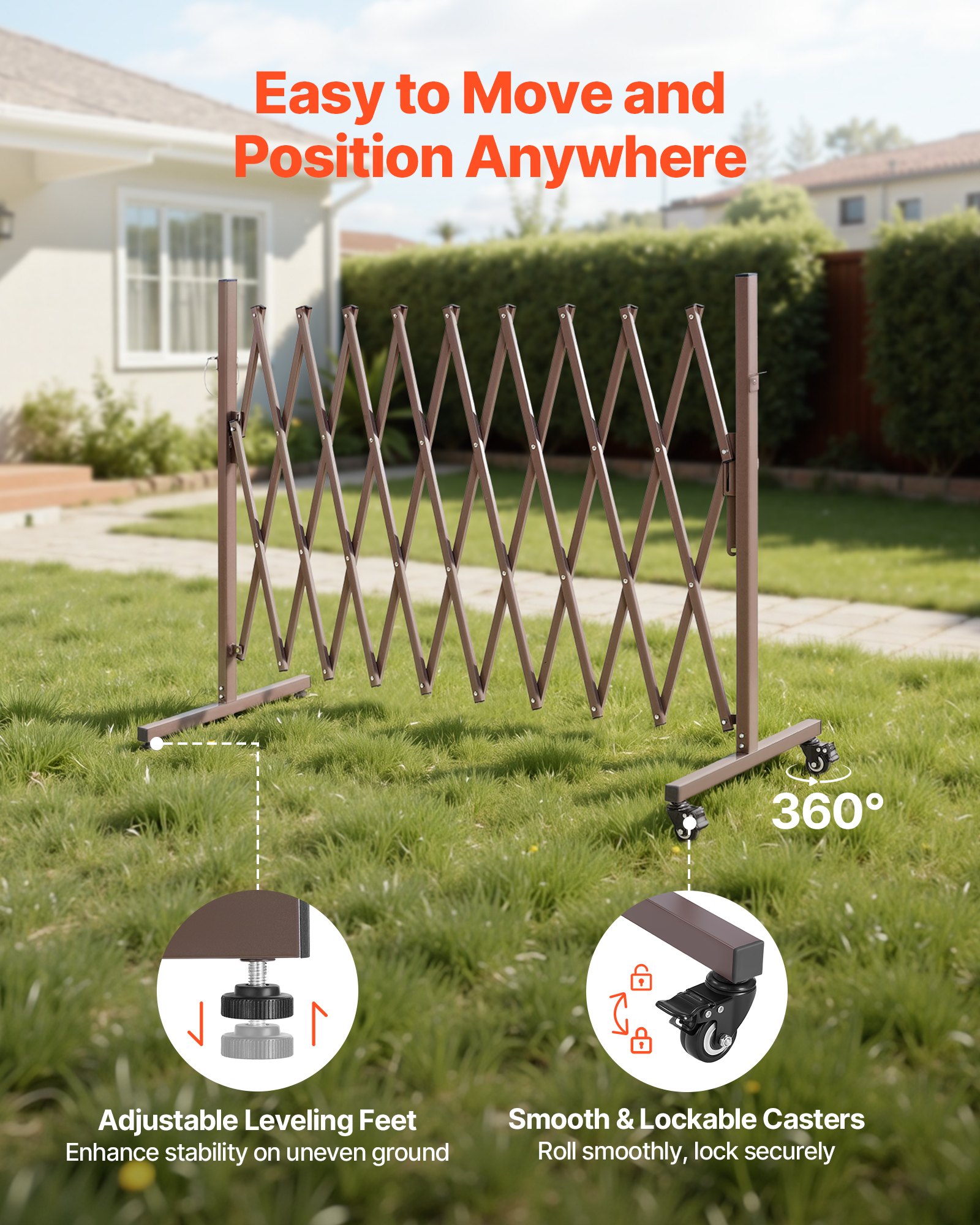VEVOR Barricada Extensible de 3,07 m, Barrera de Seguridad Plegable, Valla Metálica Portátil con Rueda y Freno, Aleación de Aluminio, para Jardín Patio Construcción Control de Espacios, Color Marrón