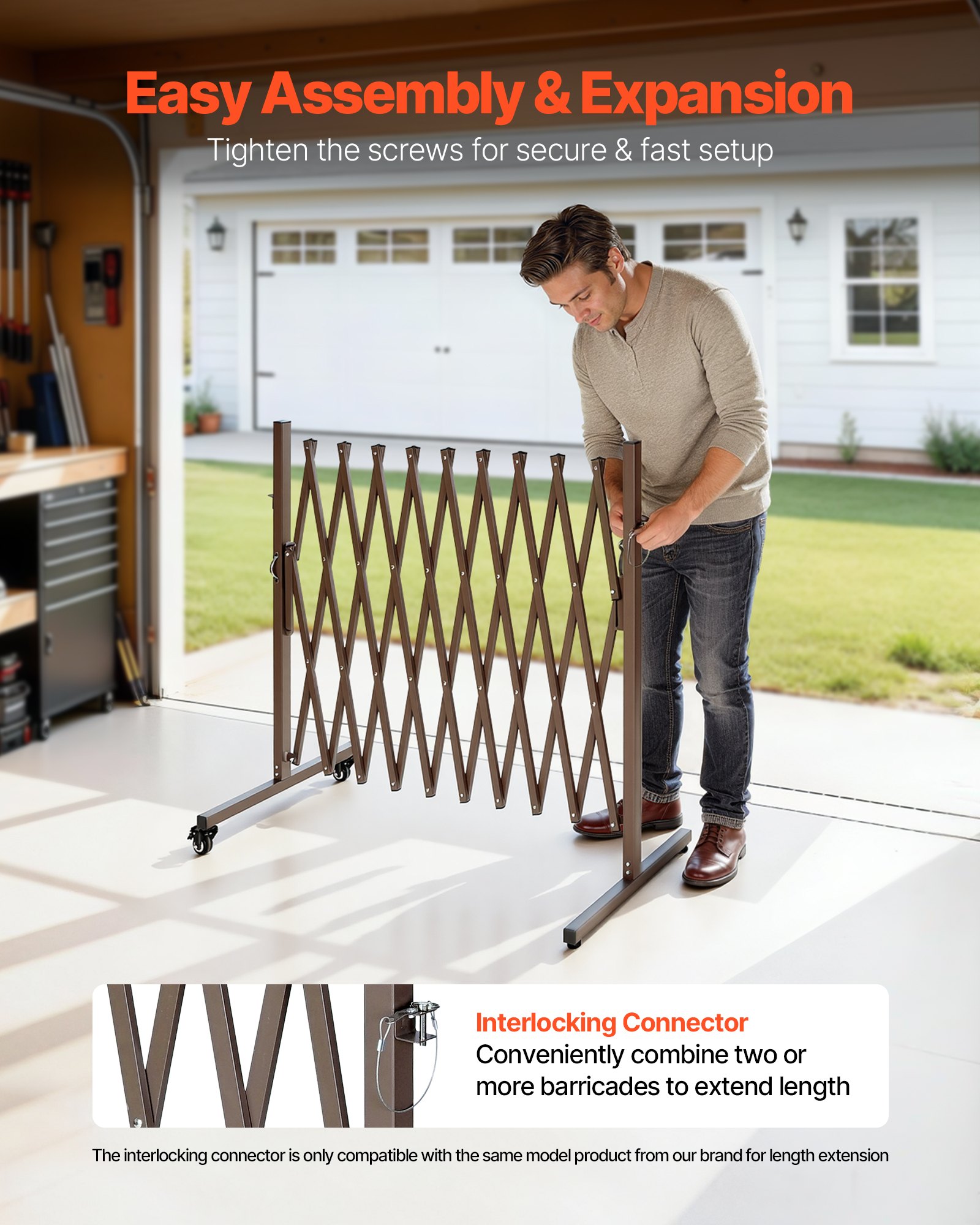 VEVOR Barricada Extensible de 3,07 m, Barrera de Seguridad Plegable, Valla Metálica Portátil con Rueda y Freno, Aleación de Aluminio, para Jardín Patio Construcción Control de Espacios, Color Marrón