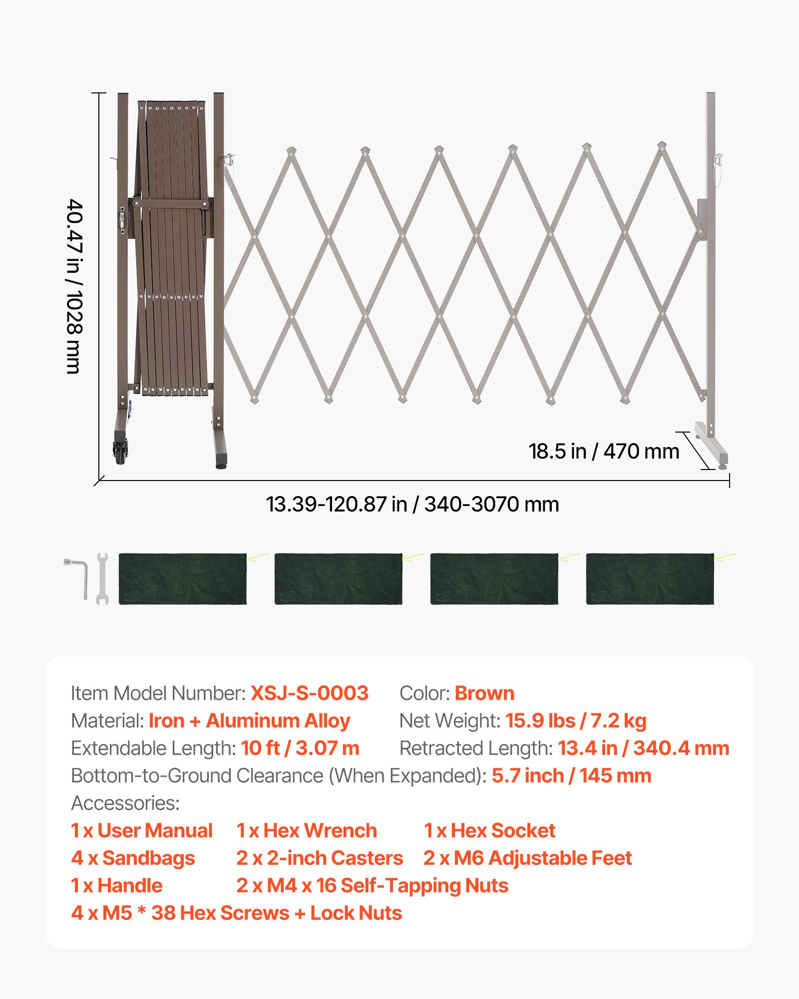 VEVOR Barricada Extensible de 3,07 m, Barrera de Seguridad Plegable, Valla Metálica Portátil con Rueda y Freno, Aleación de Aluminio, para Jardín Patio Construcción Control de Espacios, Color Marrón