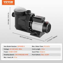 VEVOR Bomba para Piscina 1,5 HP, 1100 W, bomba para piscina elevada, caudal máximo de 27800 L/H, bomba de doble velocidad, 220 V-240 V, 1450/2860 RPM, para piscinas elevadas, spas, aguas termales, sistemas de riego