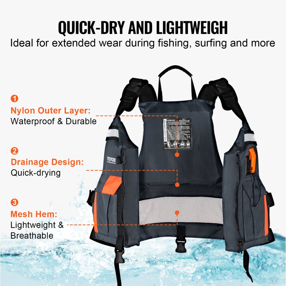 VEVOR Water Sports Life Jacket (PFD), Waterproof Nylon Life Jacket with 96N Buoyancy, Life Jacket/Jacket for All Water Activities – Fishing, Kayaking, Surfing and More, Men's and Women's Size L