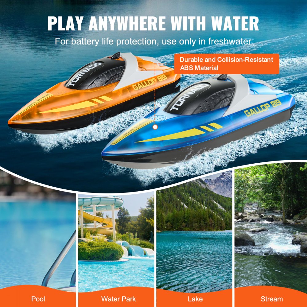 VEVOR RC Boat, Pack de 2, 2,4 GHz, 12 km/h, Barco de Control Remoto para Piscinas y Lagos, Barco de Carreras con Luz LED, 4 Baterías Recargables, Cuerpo Completo a Prueba de Agua, Regalo para Adultos, Niños y Niñas, Azul y Naranja