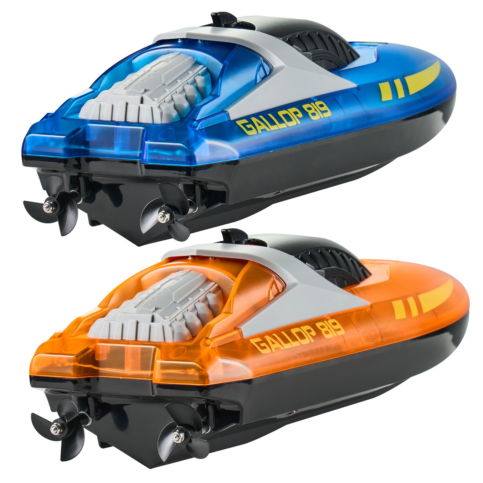 VEVOR RC Boat, Pack de 2, 2,4 GHz, 12 km/h, Barco de Control Remoto para Piscinas y Lagos, Barco de Carreras con Luz LED, 4 Baterías Recargables, Cuerpo Completo a Prueba de Agua, Regalo para Adultos, Niños y Niñas, Azul y Naranja