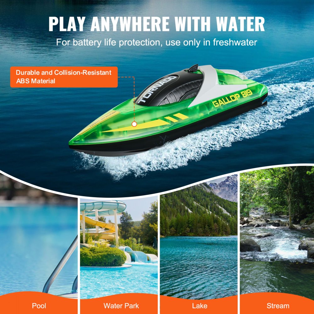VEVOR RC Boat, 2.4GHz 12km/h, Remote Controlled Boat for Pools & Lakes, Racing Boat with LED Lights, 2 Rechargeable Batteries, Fully Waterproof, Water Toy Gift for Adults, Boys & Girls, Green