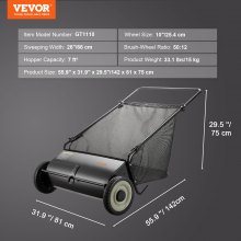 VEVOR Barredora de Césped 198L Cortacésped Manual con Bolsa recolectora Ancho de Barrido 66cm Cepillo Giratorio Altura Ajustable Ruedas 25,4 cm para Césped Hojas de Jardín Escombros Secos 142x81x75 cm