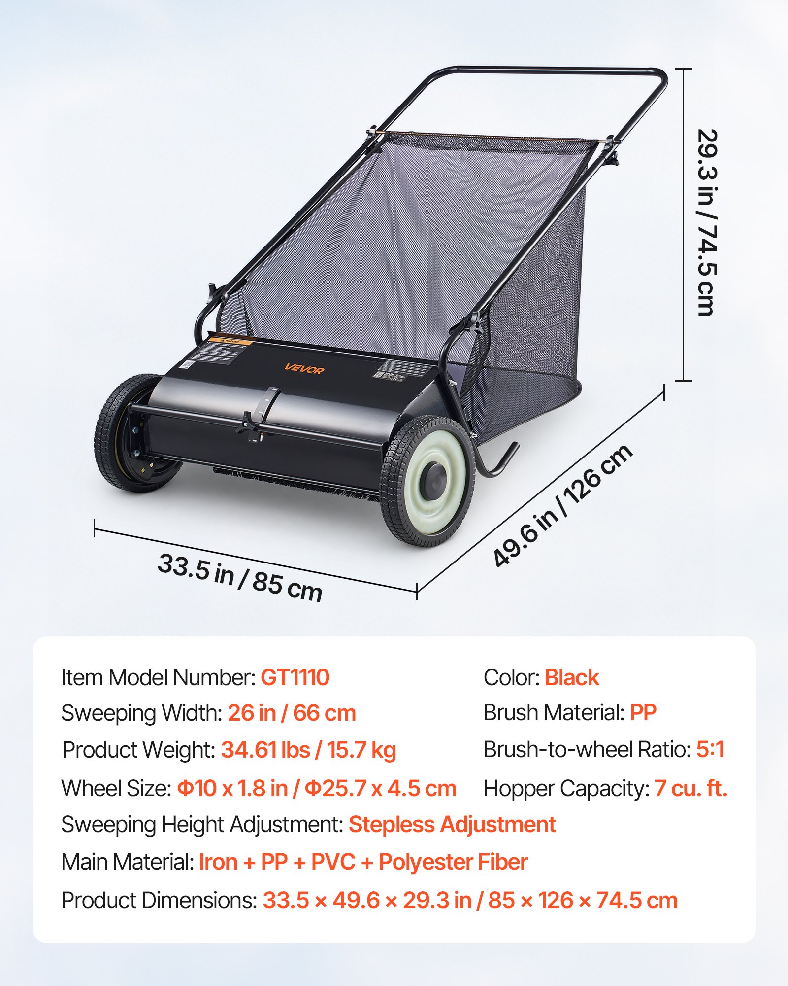 VEVOR Barredora de Césped 198 L Cortacésped Manual con Bolsa recolectora Ancho de Barrido 66 cm Cepillo Giratorio Altura Ajustable Ruedas 25,4 cm para Césped Hojas de Jardín Escombros Secos