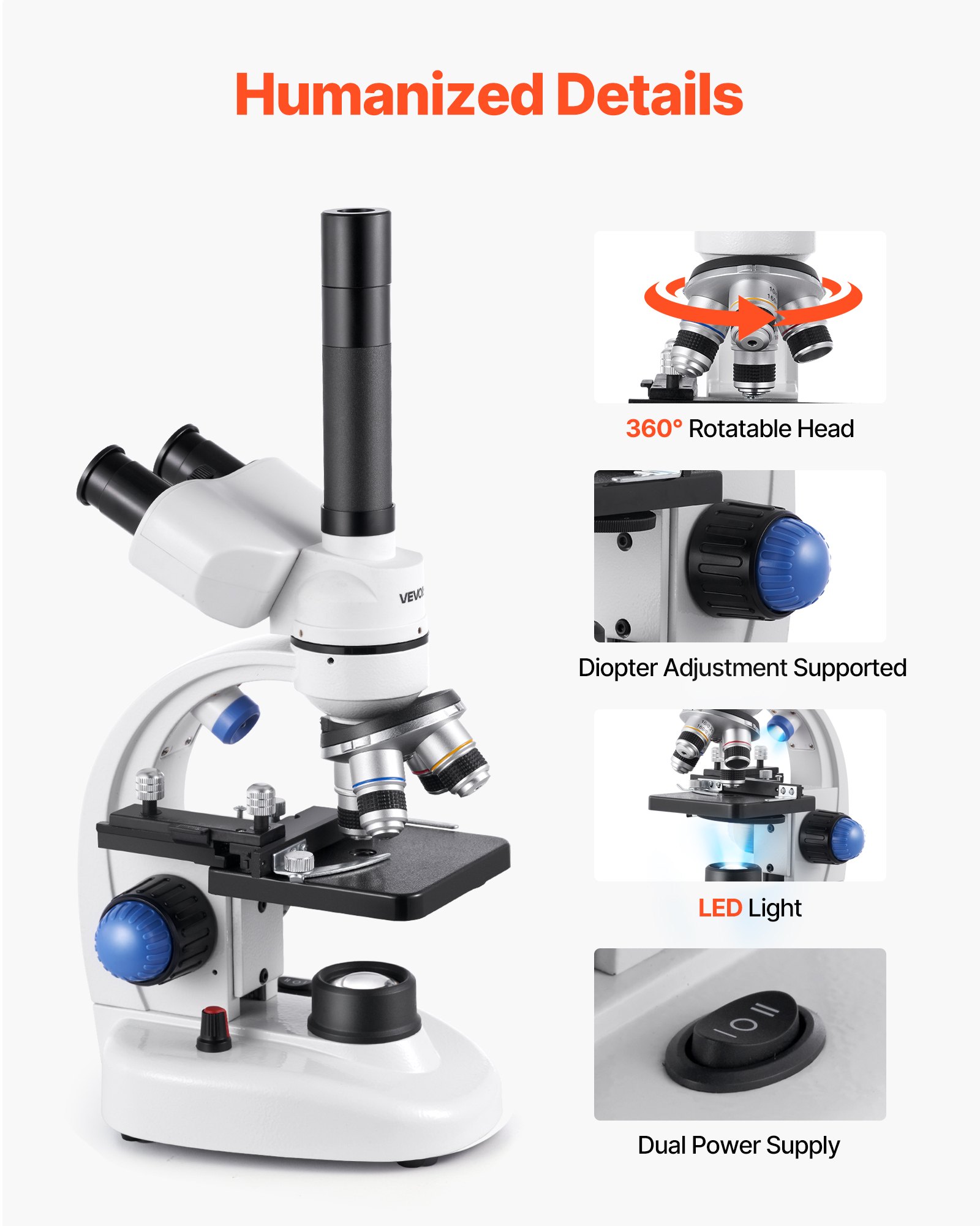 VEVOR Microscopio Compuesto con Aumento de 40-5000X Kit de Microscopio Trinocular Cuerpo de Aleación de Aluminio con Luz LED, Soporte para Teléfono Móvil, para Estudiantes, Laboratorio, Escuela