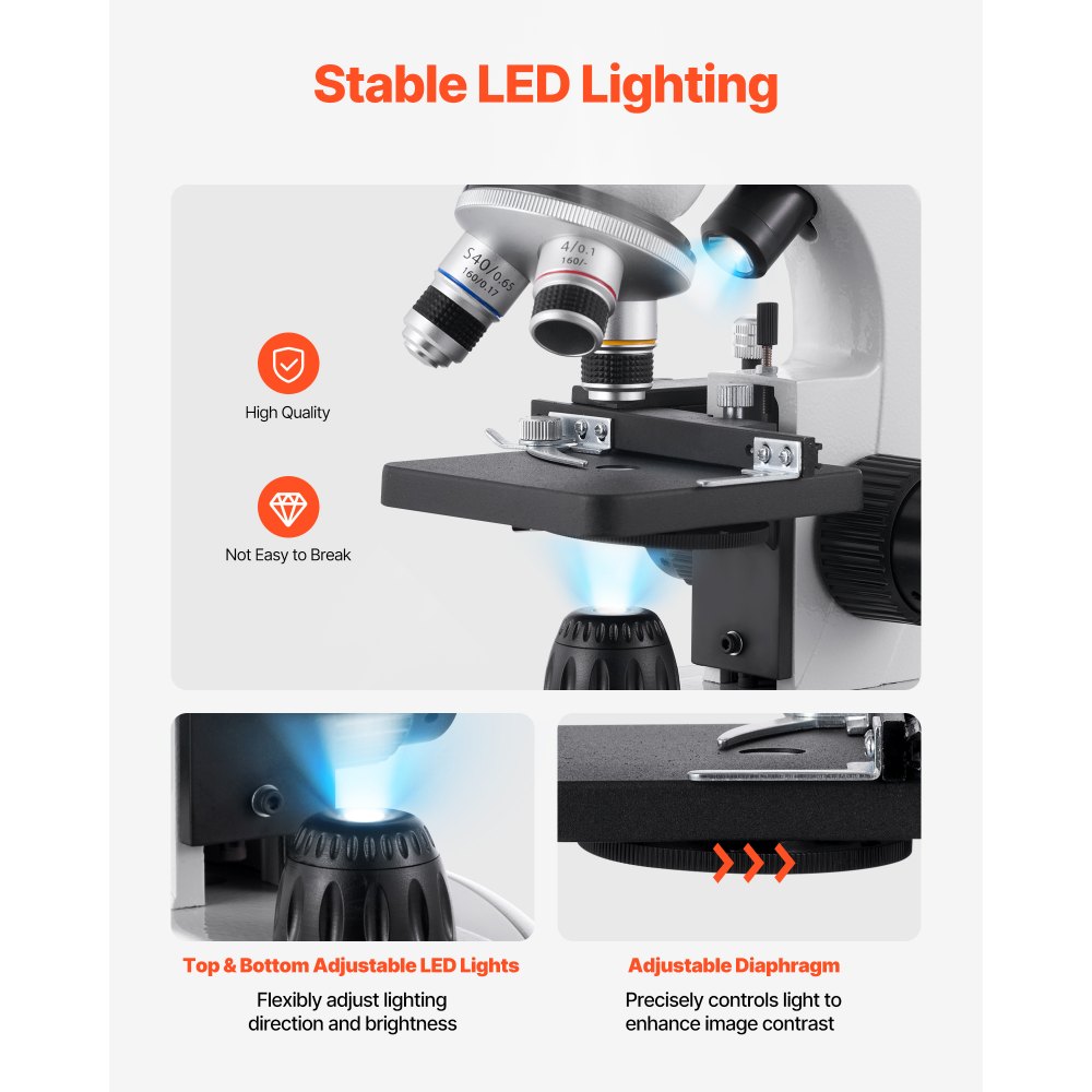 VEVOR Microscopio Compuesto con Aumento de 40-2000X Kit de Microscopio Binocular Cuerpo de Aleación de Aluminio, Luz LED, Soporte para Teléfono, para Estudiantes, Laboratorios, Escuelas, Hogar