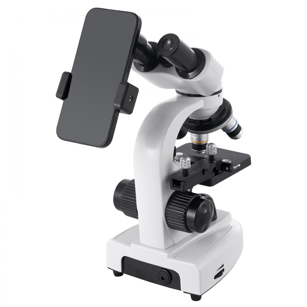 VEVOR Microscopio Compuesto con Aumento de 40-2000X Kit de Microscopio Binocular Cuerpo de Aleación de Aluminio, Luz LED, Soporte para Teléfono, para Estudiantes, Laboratorios, Escuelas, Hogar