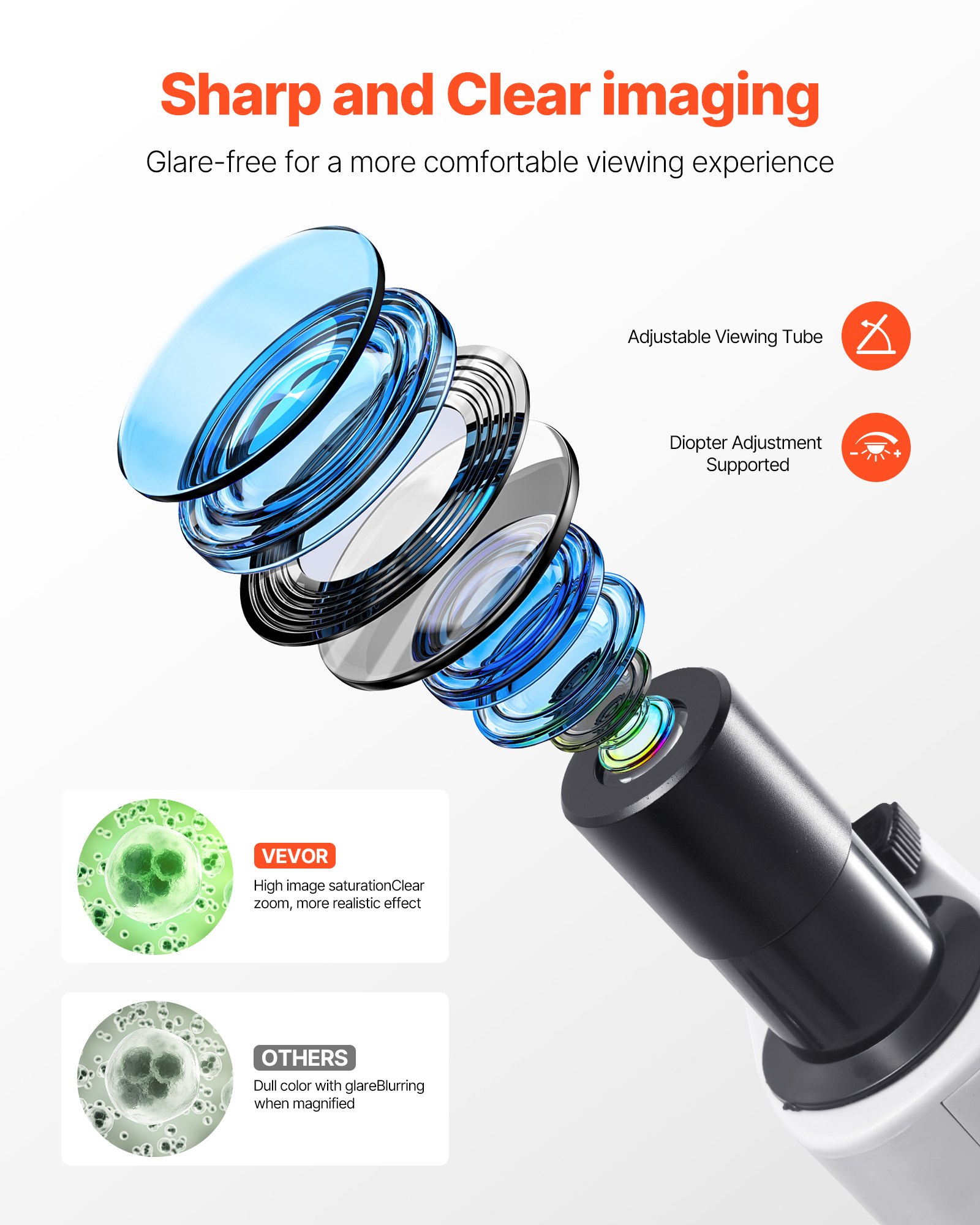 VEVOR Microscopio Compuesto con Aumento de 40-2000X Kit de Microscopio Binocular Cuerpo de Aleación de Aluminio, Luz LED, Soporte para Teléfono, para Estudiantes, Laboratorios, Escuelas, Hogar