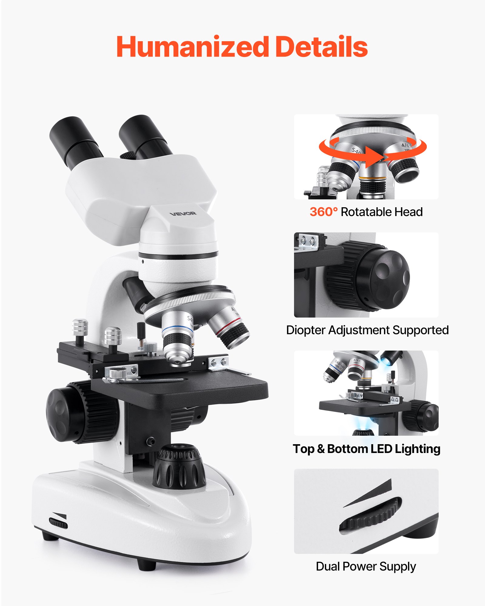 VEVOR Microscopio Compuesto con Aumento de 40-2000X Kit de Microscopio Binocular Cuerpo de Aleación de Aluminio, Luz LED, Soporte para Teléfono, para Estudiantes, Laboratorios, Escuelas, Hogar