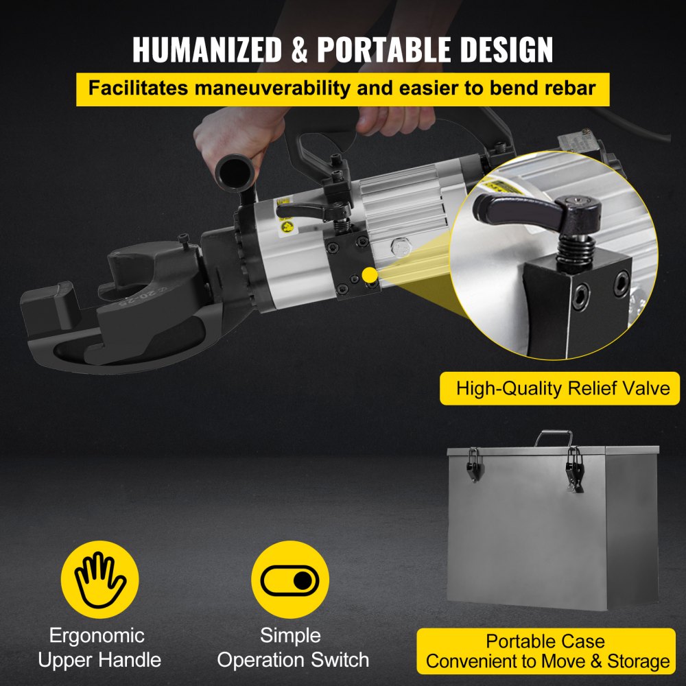 VEVOR Dobladora de Varillas de Refuerzo Hidráulica Eléctrica, 1500 W, hasta 10-25 mm en 4 Segundos, Acero de Alta Potencia con Caja de Herramientas y Lata de Aceite, Negro y Rojo, 560 x 170 x 220 mm