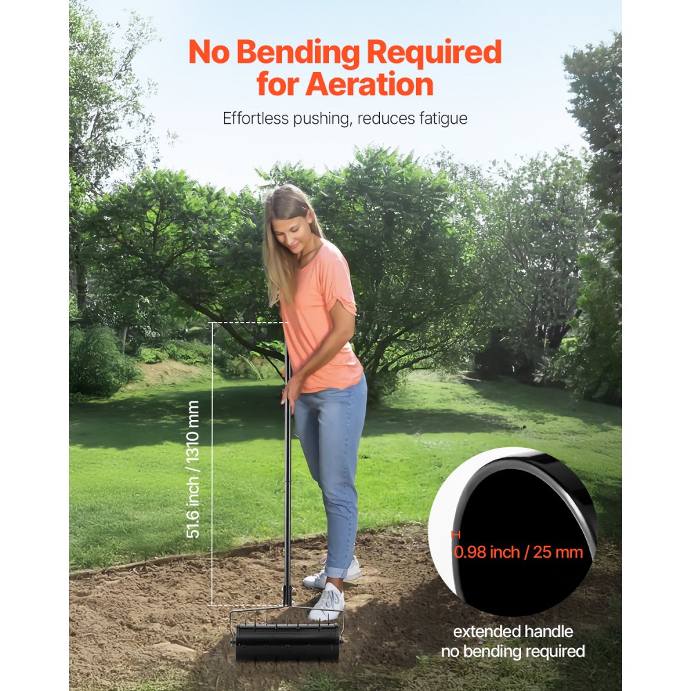 VEVOR Aireador de Césped Rodante Manual Resistente de 457,2 mm con Mango Desmontable y 27 Púas de Hierro, Herramienta de Aireación de Césped Rodante para Jardín, Suelos Compactados y Césped, Negro