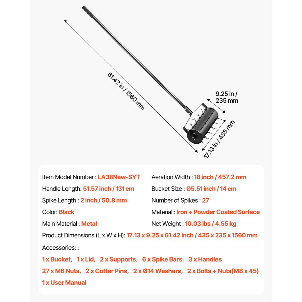 VEVOR Aireador de Césped Rodante Manual Resistente de 457,2 mm con Mango Desmontable y 27 Púas de Hierro, Herramienta de Aireación de Césped Rodante para Jardín, Suelos Compactados y Césped, Negro