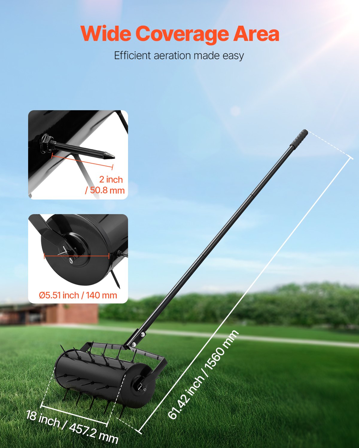 VEVOR Aireador de Césped Rodante Manual Resistente de 457,2 mm con Mango Desmontable y 27 Púas de Hierro, Herramienta de Aireación de Césped Rodante para Jardín, Suelos Compactados y Césped, Negro