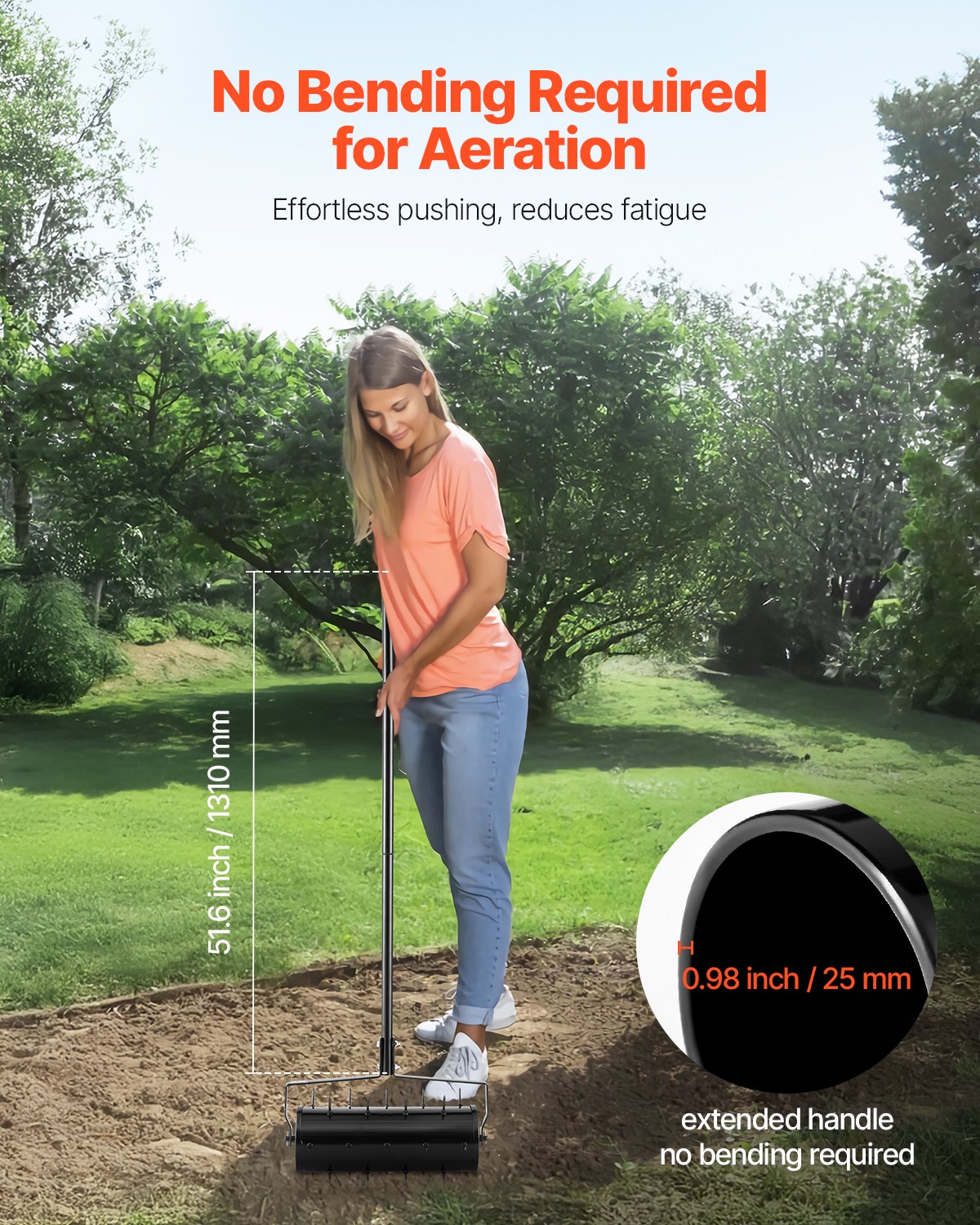 VEVOR Aireador de Césped Rodante Manual Resistente de 457,2 mm con Mango Desmontable y 27 Púas de Hierro, Herramienta de Aireación de Césped Rodante para Jardín, Suelos Compactados y Césped, Negro